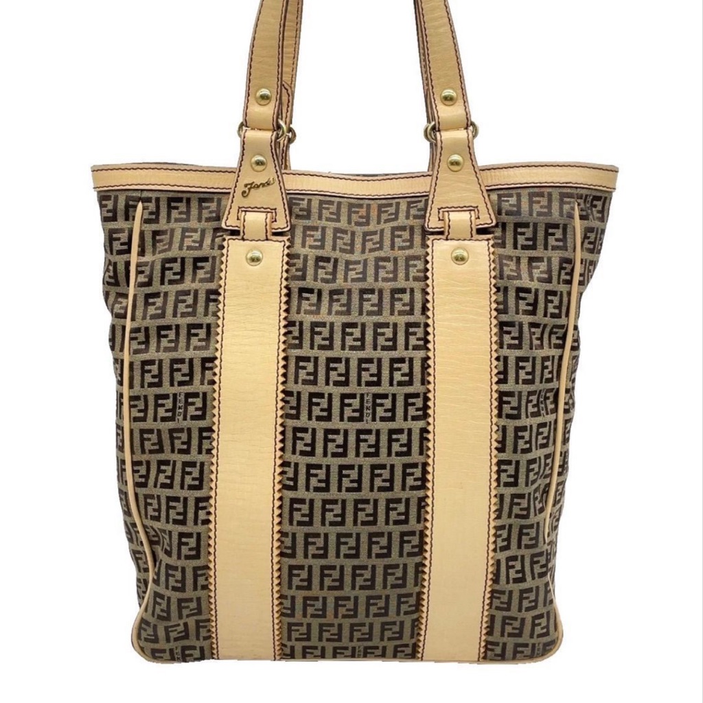 Fendi Zucchino Ff Logo Canvas Tote With Cream Trim With Dust Bag